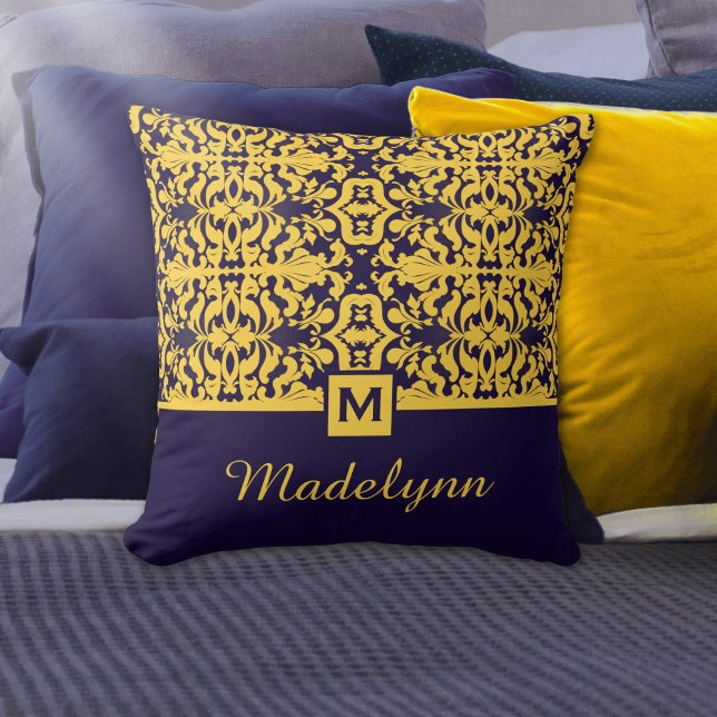 Classic Blue Gold Damask Monogram Cushion (Creator Uploaded)