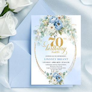 Classic Blue Gold Floral 70th Birthday Invitation