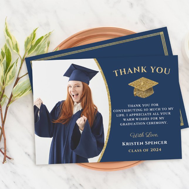 Classic Blue Gold Graduate Photo Graduation  Thank You Card (Creator Uploaded)
