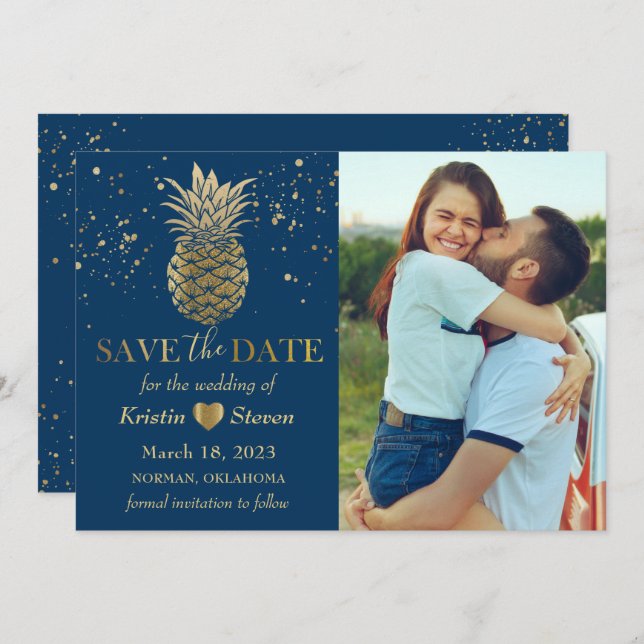 Classic Blue Gold Pineapple Photo Save The Date (Front/Back)
