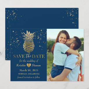 Classic Blue Gold Pineapple Photo Save The Date