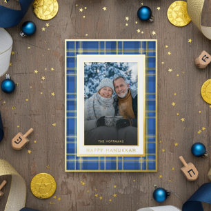 Classic Blue Gold Plaid Happy Hanukkah Photo