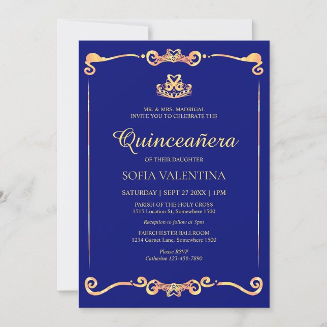 Classic Blue Gold Quinceanera Invitation (Front)
