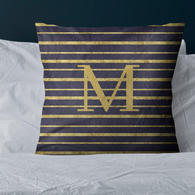 Classic Blue Gold Striped Monogrammed Cushion (Creator Uploaded)