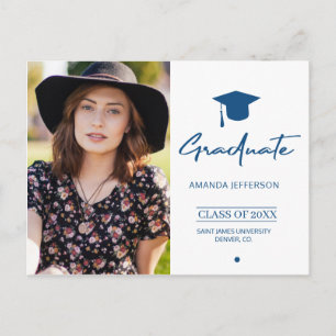 Classic Blue Graduation Modern script photo Postcard