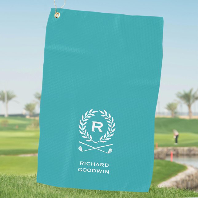 Classic Blue-green Monogram Name Wreath Custom Golf Towel (Creator Uploaded)