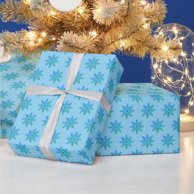 Classic Blue Green Snowflake Pattern on Blue Wrapping Paper (Holidays)