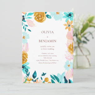Classic Blue Green Watercolor Floral Wedding Invitation
