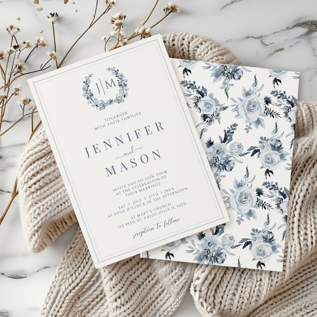 Classic Blue Grey Floral Boho Wedding Invitation (Creator Uploaded)