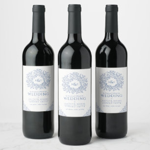 Classic blue hand drawn leaf monogram art wedding wine label