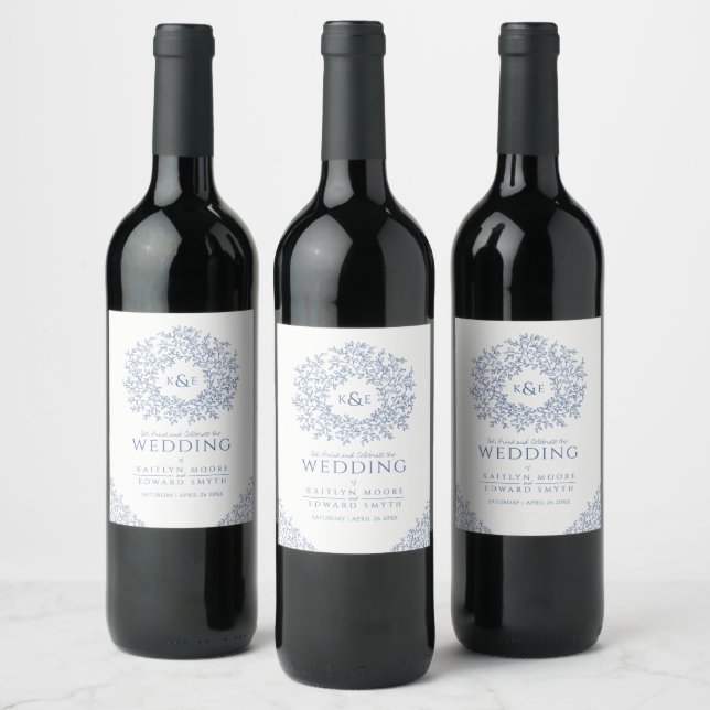 Classic blue hand drawn leaf monogram art wedding wine label (Bottles)