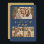 Classic Blue Hanukkah Peace & Light Photo Collage Holiday Card<br><div class="desc">This elegant Hanukkah template features a classic deep-blue background paired with bold gold typography for a warm and uplifting holiday look. A large photo space sits at the top, complemented by two smaller panels below to showcase additional memories in a clean, balanced layout. The centered “Peace, Love & Light” greeting...</div>