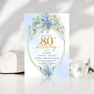 Classic Blue Hydrangea Eucalyptus 80th Birthday Invitation