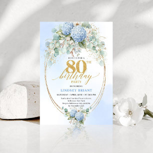 Classic Blue Hydrangea Gold 80 Birthday Celebrate Invitation