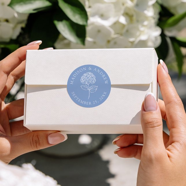 Classic Blue Hydrangea Personalized Wedding Round Sticker (Creator Uploaded)