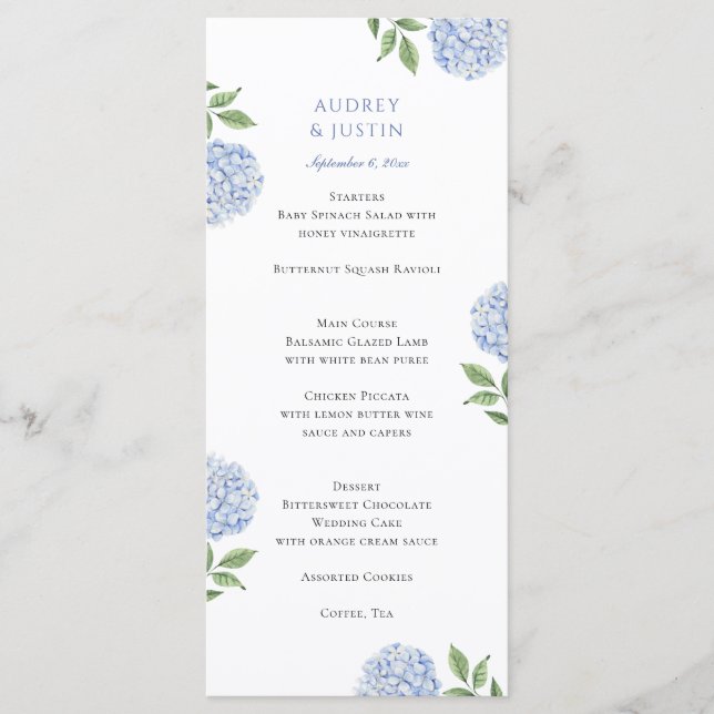 Classic Blue Hydrangea Wedding Dinner Menu (Front)