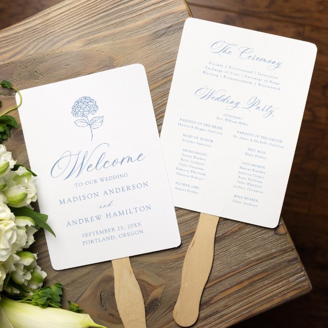 Classic Blue Hydrangea Wedding Program Hand Fan (Creator Uploaded)
