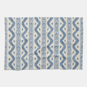 Classic Blue Ikat, Cream Woven Stripe Tea Towel
