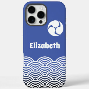 Classic Blue Japanese Wave Pattern with Your Name iPhone 16 Pro Max Case