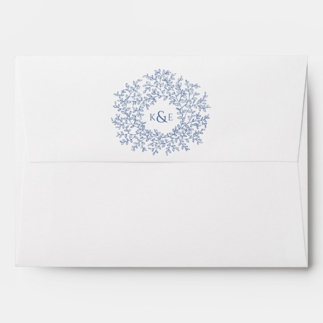Classic blue leaf monogram art wedding envelope (Back (Top Flap))