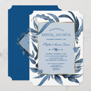 Classic Blue Leaves Gold Monogram Bridal Shower Invitation