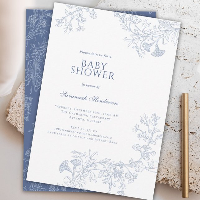 Classic Blue Line Drawn Floral Baby Shower  Invitation (Creator Uploaded)
