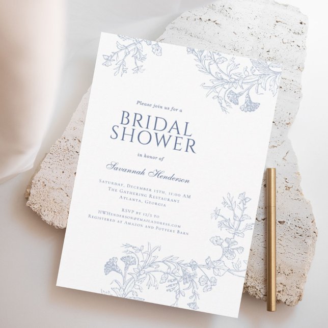 Classic Blue Line Drawn Floral Bridal Shower  Invitation (Creator Uploaded)