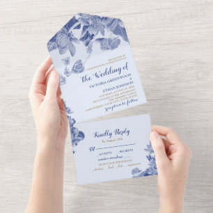 Classic Blue Lotus Floral Elegant Chinoiserie Chic All In One Invitation