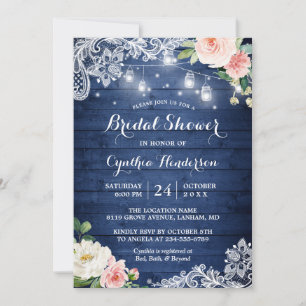 Classic Blue Mason Jar Lights Floral Bridal Shower Invitation