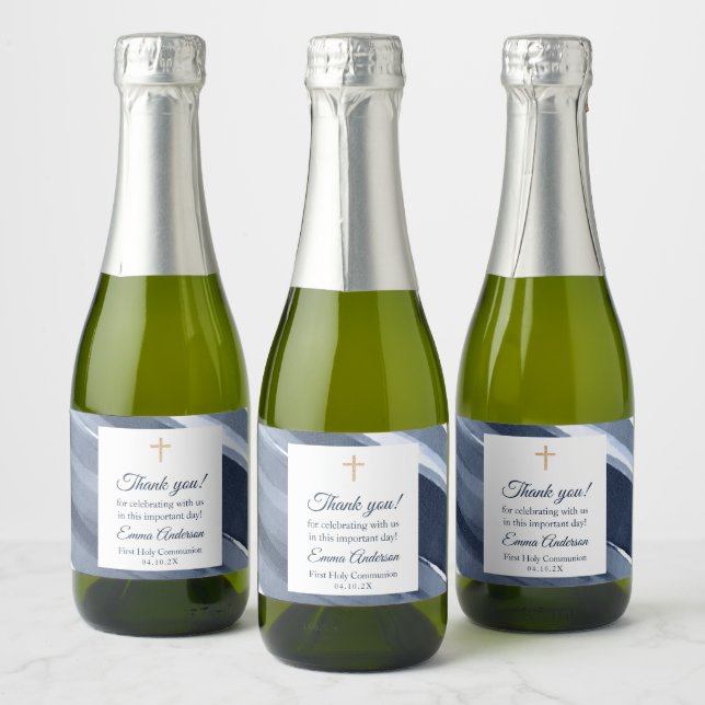 Classic blue modern 1st Communion, Baptism Favours Sparkling Wine Label (Bottles)