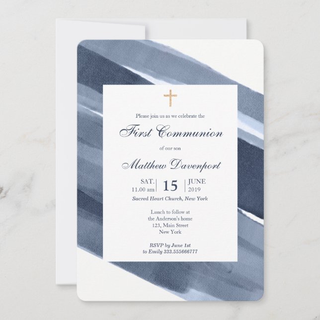 Classic Blue modern 1st Communion invitation (Front)