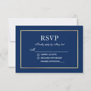 Classic Blue Modern Elegant Wedding Gold RSVP Card