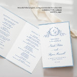 Classic, Blue Monogram Folded Ceremony Program<br><div class="desc">Welcome your guest with this exquisite wedding ceremony program, featuring delicate hand drawn botanical monogram with couples names and beautiful top and bottom blue watercolor stripes in front and inside. Back with gorgeous blue watercolor wash background and thank you message in white. Ability to personalize text in all sides. NOTE:...</div>