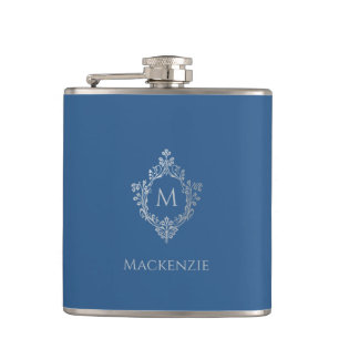 Classic Blue Monogram Name Vintage Crest Initial Hip Flask