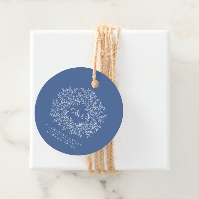 Classic blue monogram white art custom wedding favour tags (In Situ)