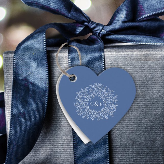 Classic blue monogram white custom wedding heart favour tags (Creator Uploaded)