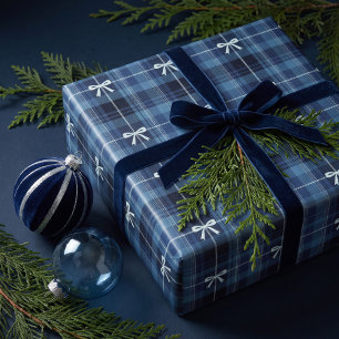 Classic Blue Navy Bow Chic Christmas Tartan Plaid Wrapping Paper