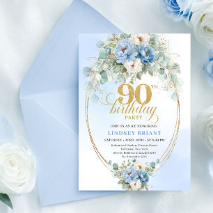 Classic Blue Peony Gold Accent 90th Birthday Card