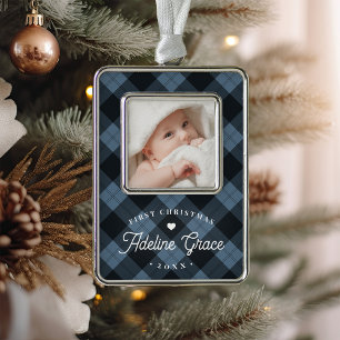 Classic Blue Plaid Baby's First Christmas Photo Silver Plated Framed Ornament