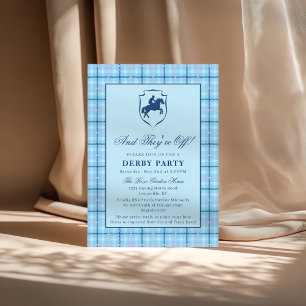 Classic Blue Plaid Race Horse Crest Derby Party Invitation