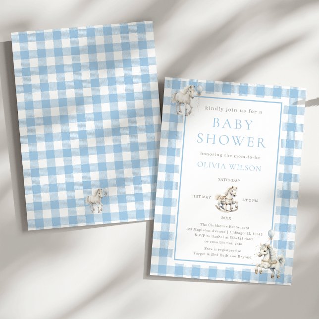 Classic Blue Plaid Rocking Horse Baby Boy Shower Invitation (Classic Baby Boy Blue Plaid Watercolor Rocking Horse Baby Shower Invitation)