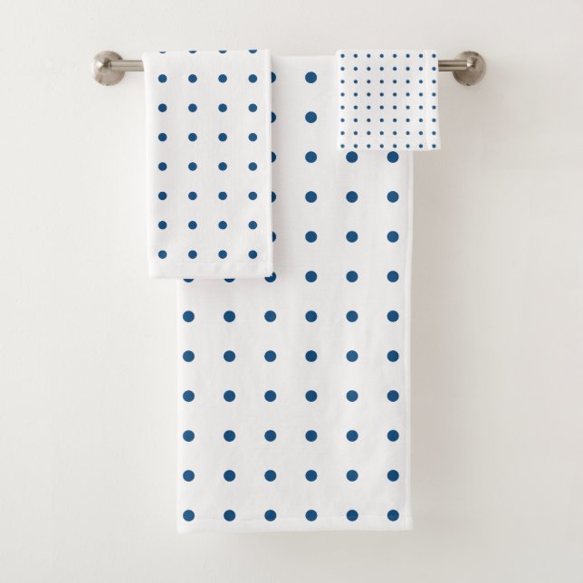 Classic Blue Polka Dot Pattern on White Bath Towel Set (Insitu)