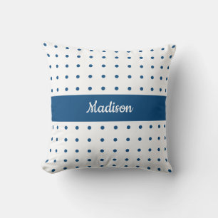 Classic Blue Polka Dot Pattern on White with Name Cushion