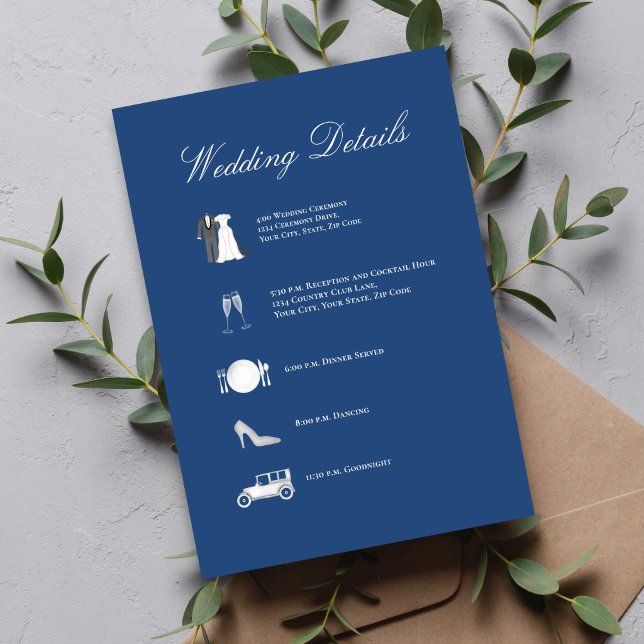 Classic Blue QR Code Wedding Details Card (Easy RSVP with QR code—clean, modern back design for wedding website access.)