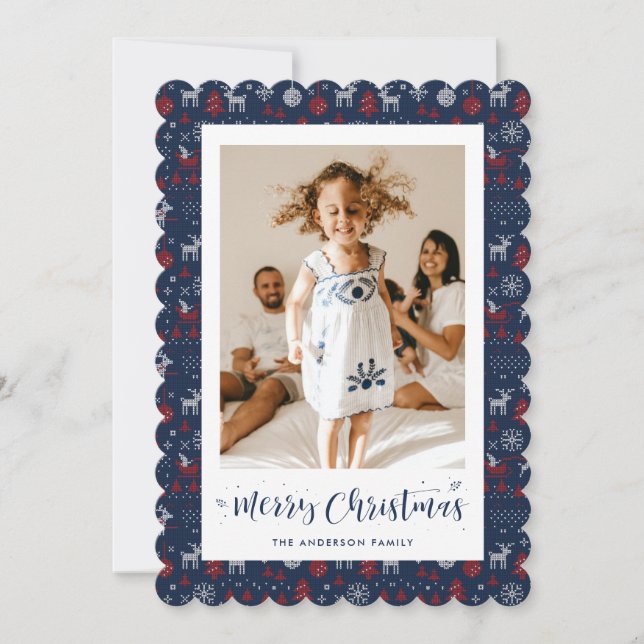 Classic Blue Red Photo Merry Christmas Card (Front)
