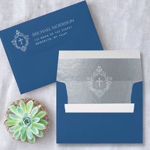 Classic Blue Religious Cross in Crest Faux Silver Envelope