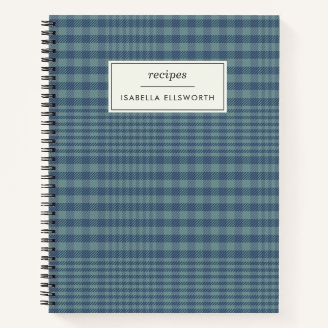 Classic Blue Retro Glen Plaid Personalised Recipe Notebook (Front)