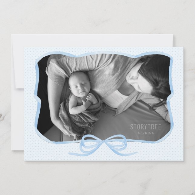 Classic Blue Ribbon Bow Baby Boy Birth Photocard Announcement (Front)