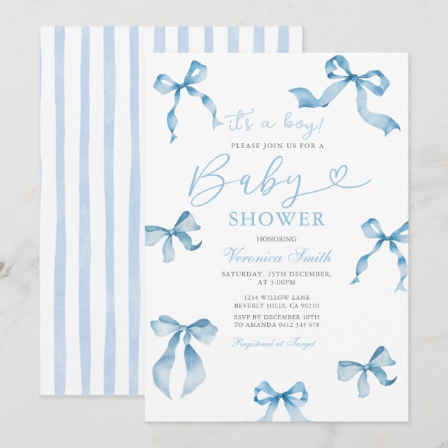 Classic Blue Ribbon Bow Baby Shower Invite (Front/Back)