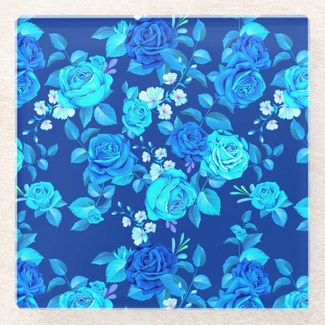 Classic Blue Rose Flowers Pattern-87600 Glass Coaster (Front)